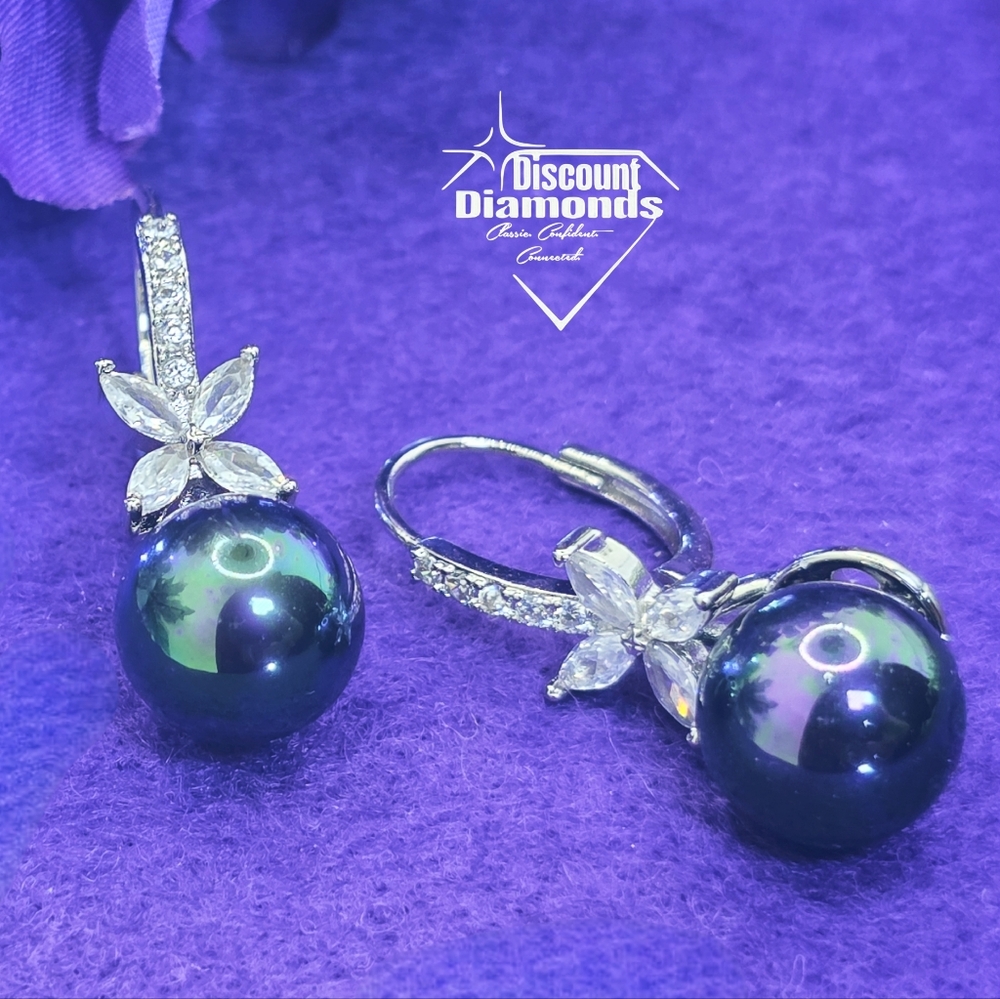 10mm Black Rainbow South Sea Shell Pearl & White Baguette Diamond Earrings 925 - Picture 8 of 12
